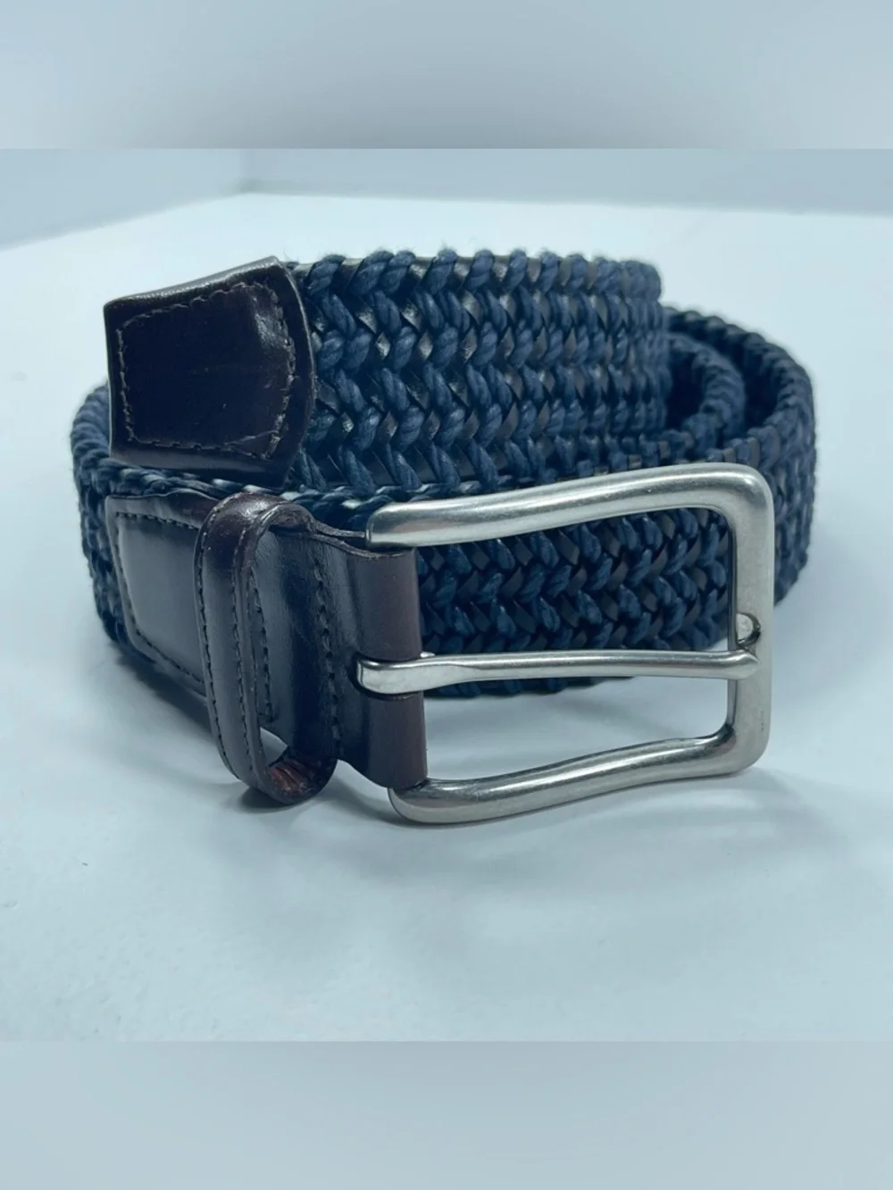 TORINO Italian Braided Stretch Leather Cording Belt Navy/Black Size 40